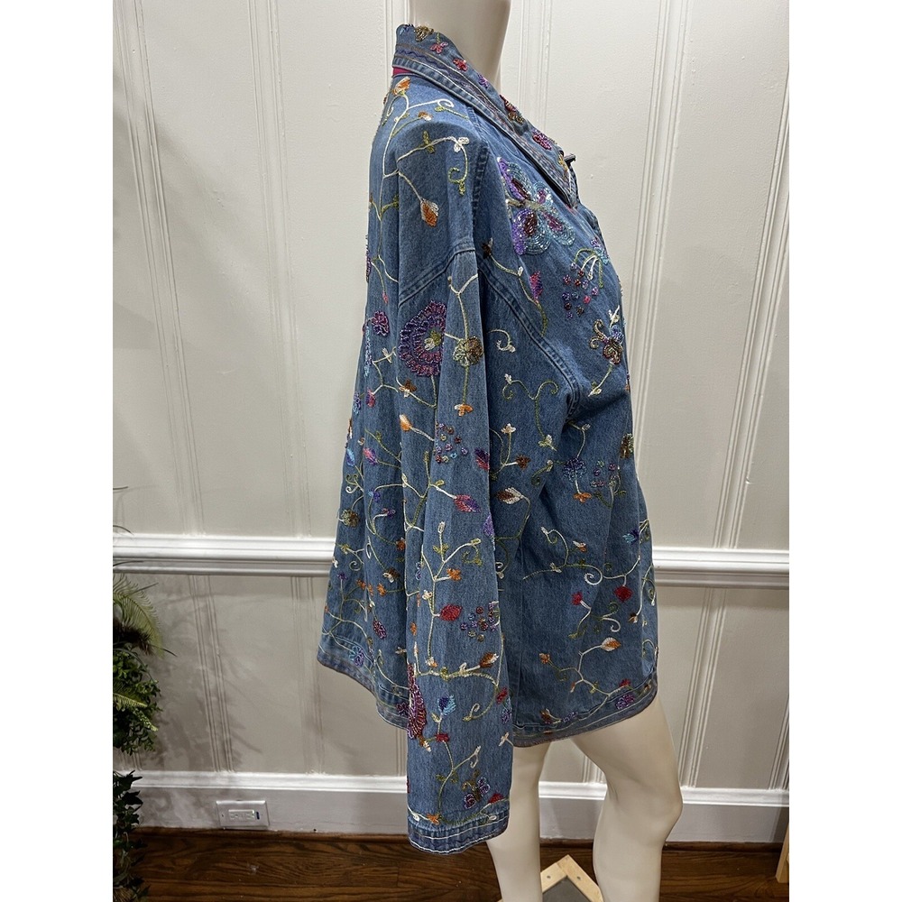 QUACKER FACTORY  Cotton Beaded Denim Jean Jacket Butterflies Embroidered Size 1X - Picture 2 of 16